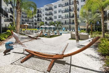 Cabanas hammocks and a peaceful Zen garden at Anchor Riverwalk, Florida, 33602